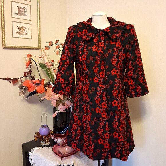 NEW Women’s Elegant Pea Coat Red Black Floral Lined Trench Coat ¾ Sleeve 16 XL - Picture 4 of 10